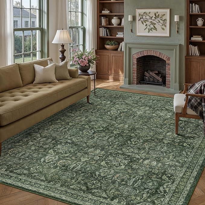 PureCozy Dark Green 8x10 Area Rugs Washable Vintage Living Room Bedroom Carpet Indoor Large Non Slip Soft Low Pile Thin Rug Retro Accent Home Office Dining Room