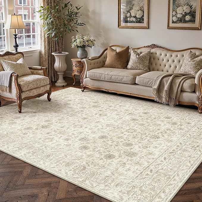PureCozy 5x7 Area Rug Washable Beige Vintage Living Room Bedroom Distressed Non Slip Carpet Indoor Low Plie Thin Dining Room Office Retro Accent Throw Rug
