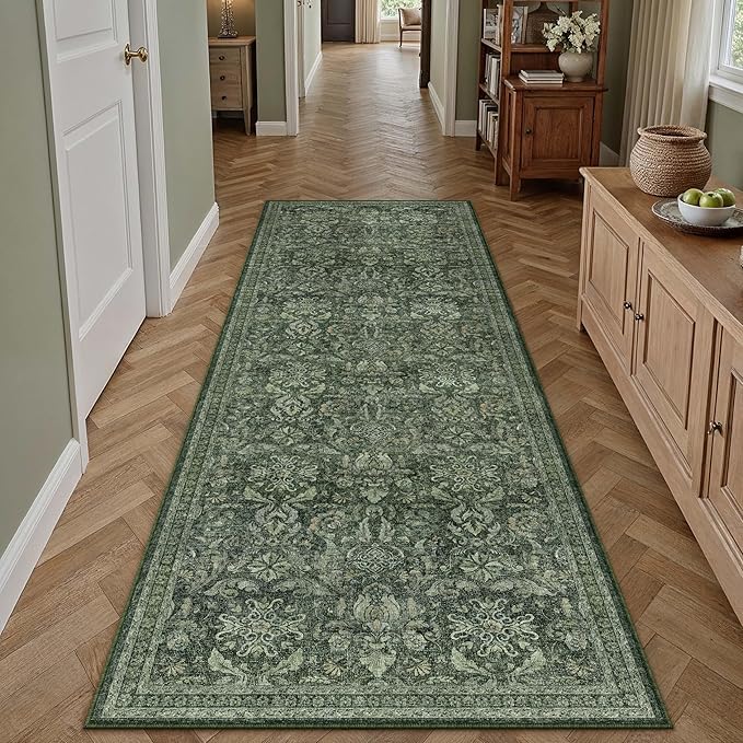 PureCozy Dark Green 2x6 Runner Rug Non Slip Washable Hallway Kitchen Vintage Carpet Indoor Small Low Plie Thin Bedroom Bathroom Rug Retro Accent Throw Dining Living Room