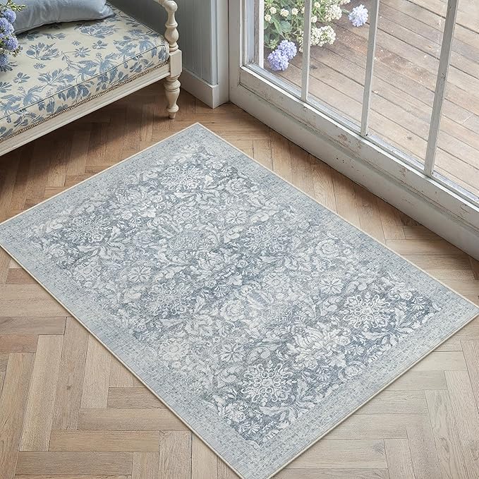 PureCozy Washable Area Rug 2x3, Small Non-Slip Entryway Door Mat Vintage Low Plie Thin Indoor Kitchen Bathroom Rug Retro Accent Throw Entrance Bedroom Office Carpet Blue