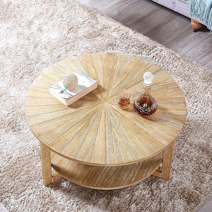 Round Coffee Table, 35" Circle Wood Coffee Table with Storage Shelf, 2 Tier Center Table for Living Room Apartment Home Furniture, Easy Assembly (Light Brown,35" Dx35 Wx18 H)