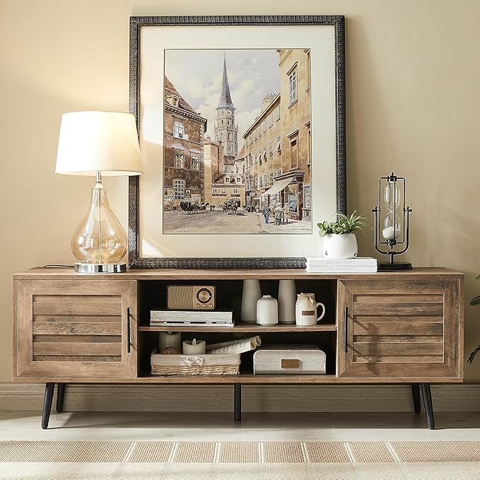 EDYO LIVING 65" Mid Century Modern TV Stand, Wood TV Stand with Storage Cabinet and Open Shelf for Televisions up to 65", Entertainment Center, TV Console Table for Living Room, Rustic Oak