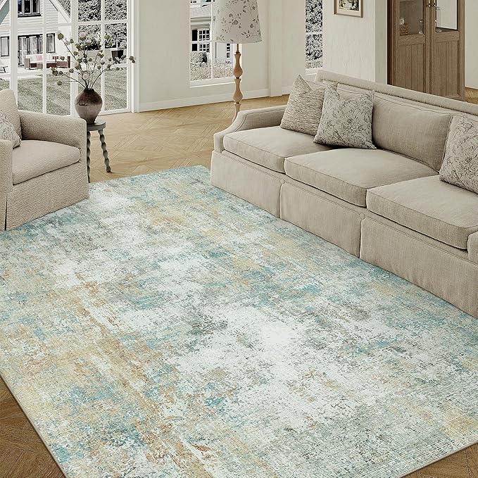 6x9 Washable Area Rug Teal Beige Abstract Non Slip Soft Low Pile Rug for Living Room Bedroom Dining Room Office Neutral Modern Indoor Throw Carpet for Home Decor