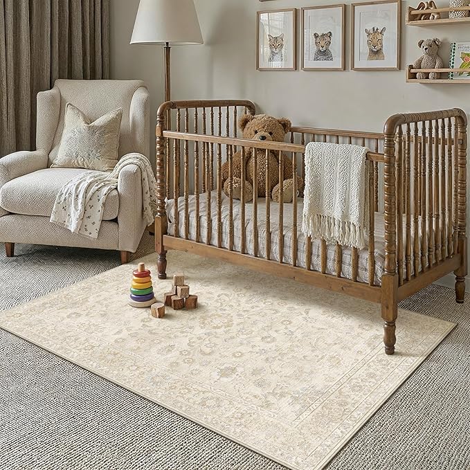 3x5 Beige Washable Area Rug for Living Room Bedroom Neutral Soft Floral Non Slip Thin Throw Rug Lightweight Vintage Low Pile Distressed Carpet Entrance Laundry Room Playroom