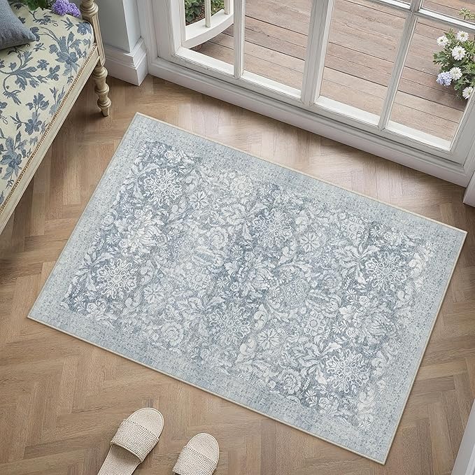 PureCozy Washable Area Rug 2x3, Small Non-Slip Entryway Door Mat Vintage Low Plie Thin Indoor Kitchen Bathroom Rug Retro Accent Throw Entrance Bedroom Office Carpet Blue