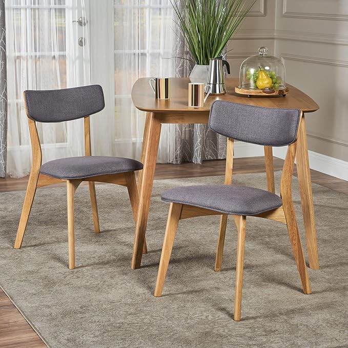 Christopher Knight Home Abrielle Mid-Century Modern Fabric Dining Chairs with Natural Oak Finished Rubberwood Frame, 2-Pcs Set, Dark Grey / Natural Oak