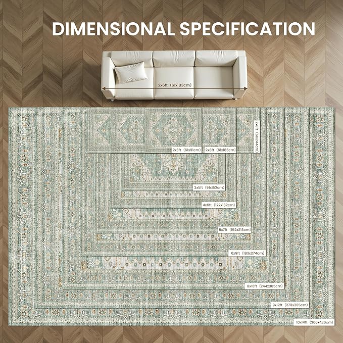 Area Rugs for Living Room - 6x9, Boho Non-Slip Low Pile Carpet Machine Washable Rugs for Bedroom, Farmhouse, Office, Dining Room (Green)