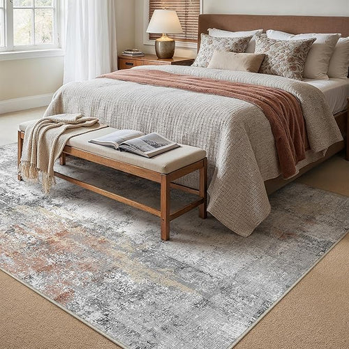 8x10 Washable Area Rug Rust Grey Abstract Non Slip Soft Low Pile Rug for Living Room Bedroom Dining Room Office Neutral Modern Indoor Throw Carpet for Home Decor