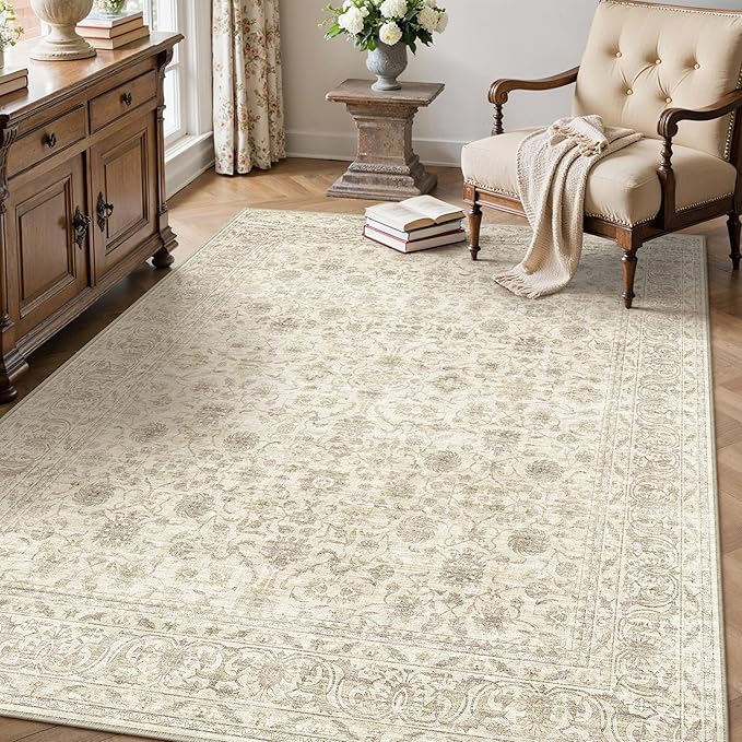 PureCozy Washable Rug 3x5, Entryway Indoor Non Slip Small Low Plie Thin Bedroom Kitchen Area Rugs Retro Accent Throw Office Vintage Carpet for Nursery Under Coffee Table Beige