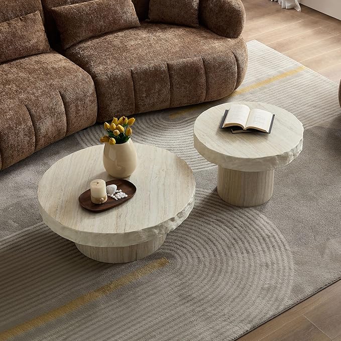 31.69" Round Coffee Table with Round Pedestal, Fiberglass Faux Marble Tabletop for Living Room, Modern Circle Center Table Tea Table for Apartment, Office, Beige Mars Pattern