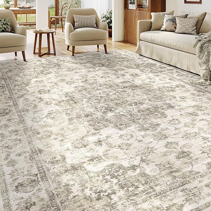 9x12 Neutral Area Rug Taupe Vintage Living Room Bedroom Carpet Non-Slip Soft Low Pile Washable Farmhouse Indoor Indoor Large Throw Rug for Dining Room Office